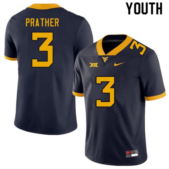 Youth West Virginia Mountaineers NCAA #3 Kaden Prather Navy Authentic Nike Stitched College Football Jersey LD15F31SM